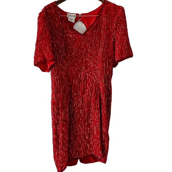 Vintage Stenay 100% silk beaded & sequined lipstick red party dress size large L - Picture 2 of 9